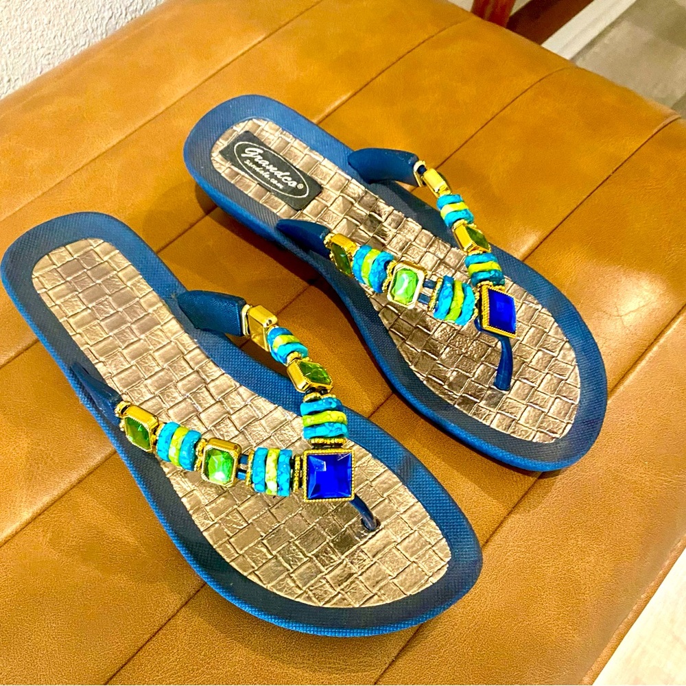 Chic Blue and Gold Beaded Sandals